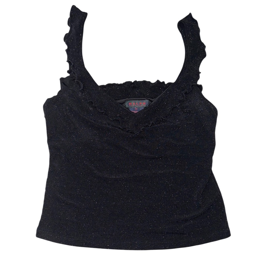 Ralph Lauren Y2K Metallic Ruffle Tank Top Womens Medium Black Sparkle Camisole